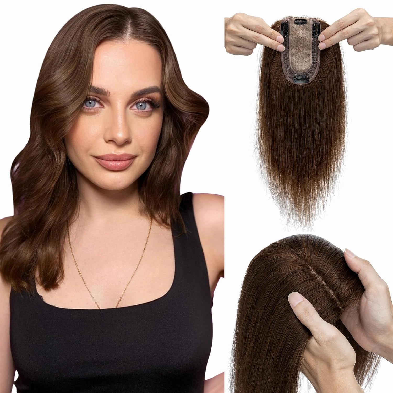 Elailite Hair Toppers for Women Real Human Hair Topper Thinning Thin 5.1"x2.8" Silk Base Clip in Remy Hairpieces 14 Inch Chocolate Brown