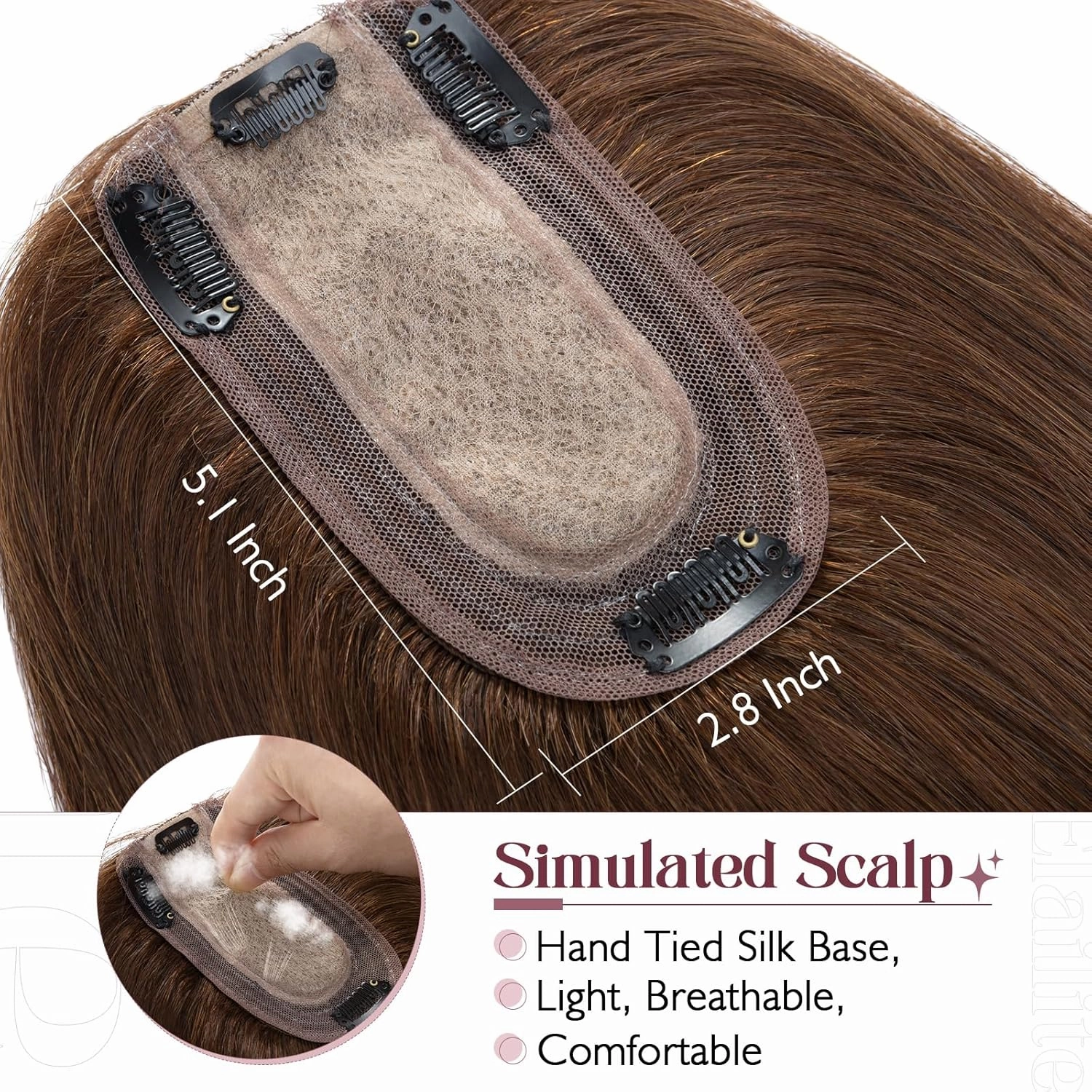 Elailite Hair Toppers for Women Real Human Hair Topper Thinning Thin 5.1"x2.8" Silk Base Clip in Remy Hairpieces 14 Inch Chocolate Brown