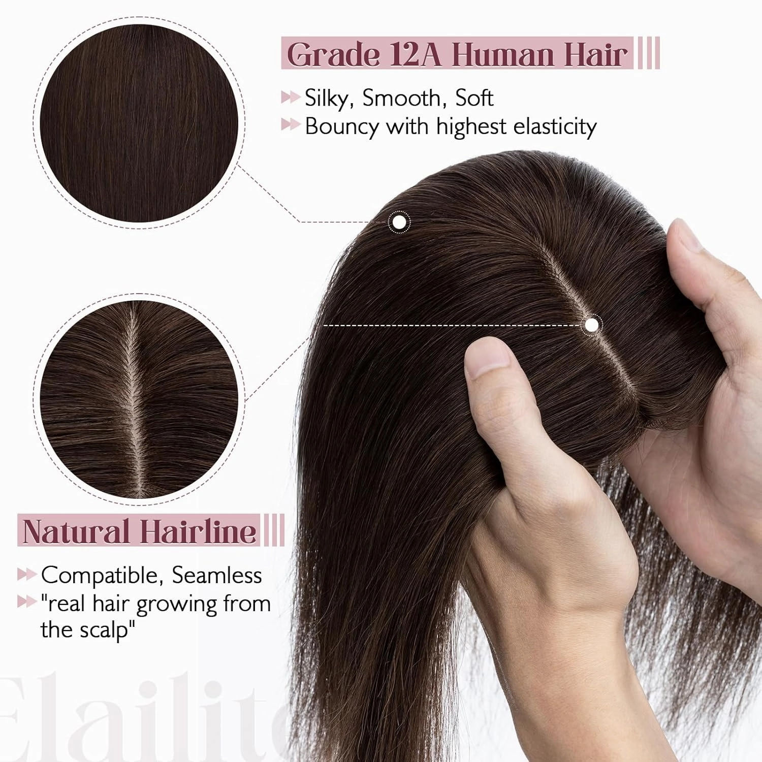 Elailite Hair Toppers for Women Real Human Hair Topper Thinning Thin 5.1"x2.8" Silk Base Clip in Remy Hairpieces 6 Inch Dark Brown
