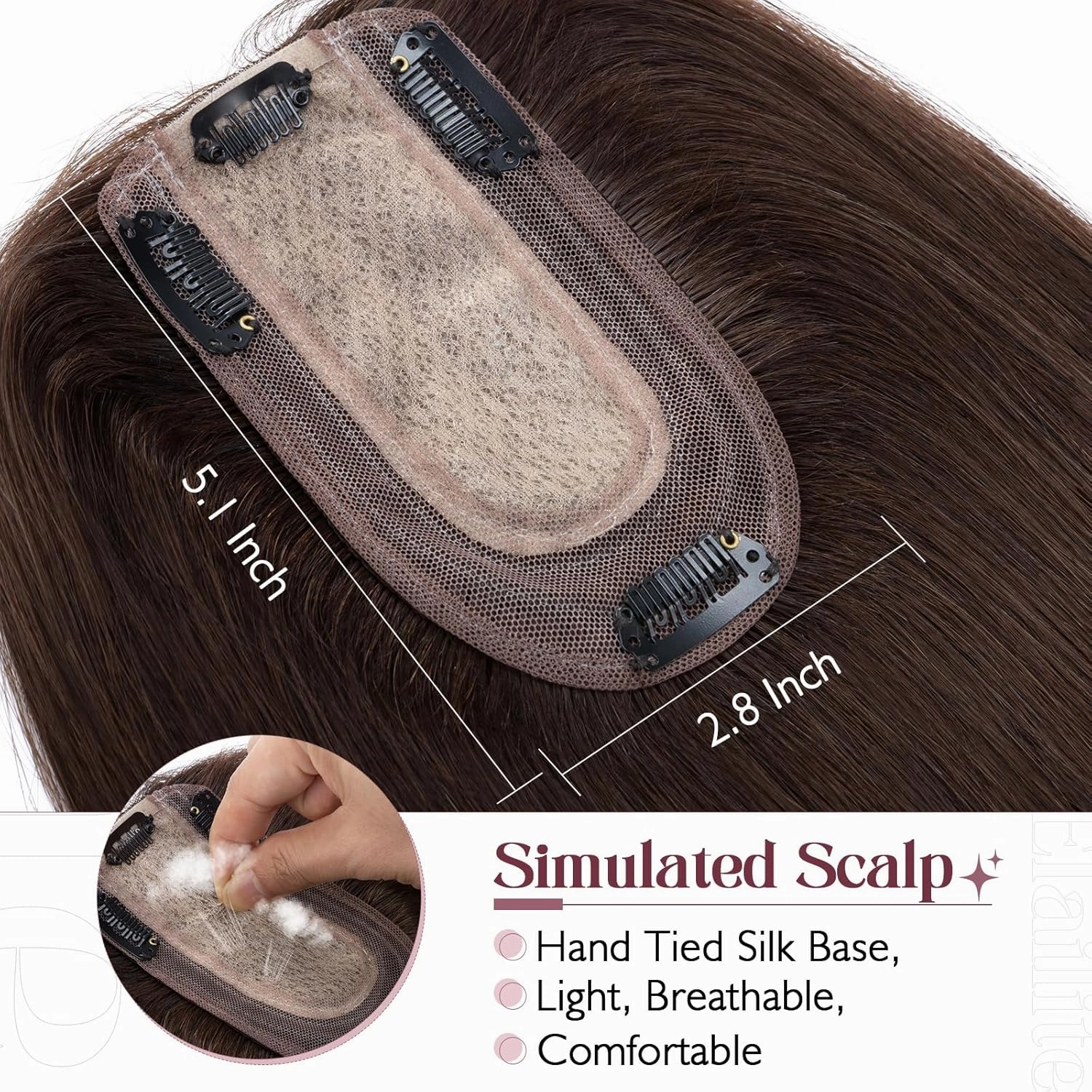 Elailite Hair Toppers for Women Real Human Hair Topper Thinning Thin 5.1"x2.8" Silk Base Clip in Remy Hairpieces 6 Inch Dark Brown