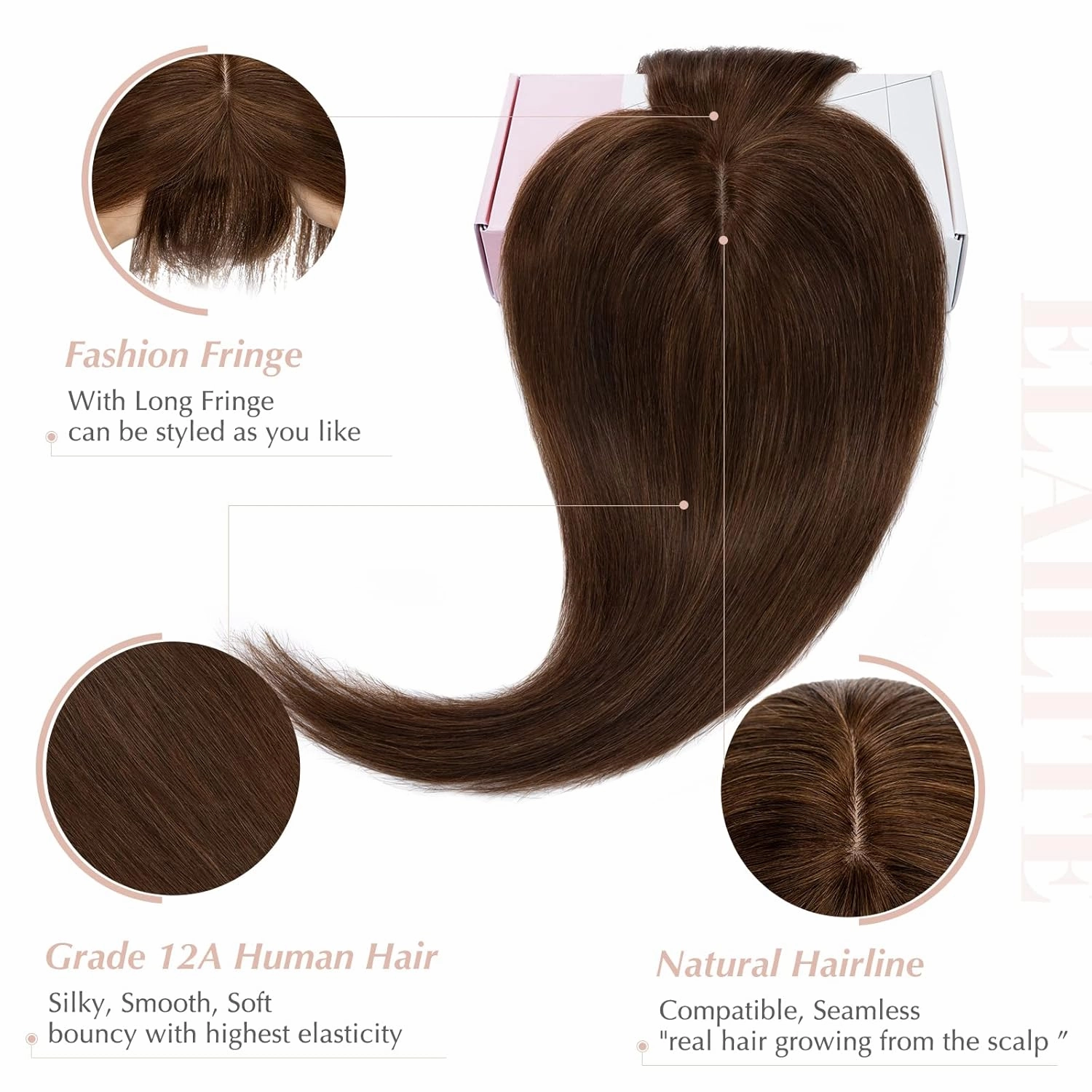 Elailite Hair Toppers for Women Real Human Hair Topper with Bangs Thinning Thin 5.1"x2.8" Silk Base Clip in Remy Hairpieces 14 Inch Chocolate Brown