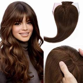 Elailite Hair Toppers for Women Real Human Hair Topper with Bangs Thinning Thin 5.1"x2.8" Silk Base Clip in Remy Hairpieces 14 Inch Chocolate Brown
