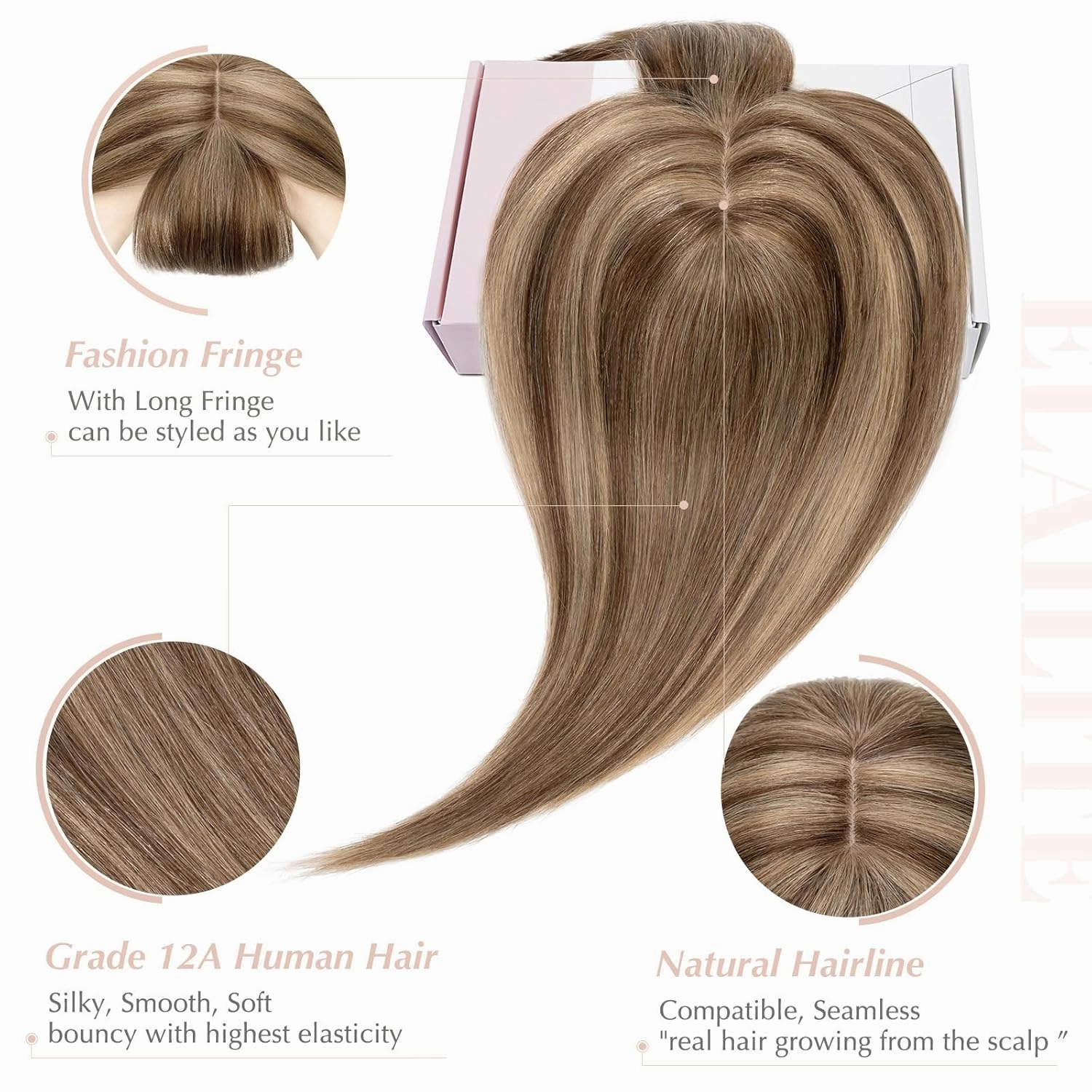 Elailite Hair Toppers for Women Real Human Hair Topper with Bangs Thinning Thin 5.1"x2.8" Silk Base Clip in Remy Hairpieces 8 Inch Chocolate Brown mix Dark Blonde