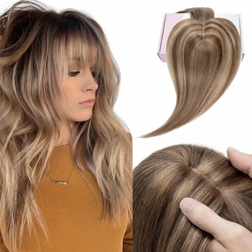 Elailite Hair Toppers for Women Real Human Hair Topper with Bangs Thinning Thin 5.1"x2.8" Silk Base Clip in Remy Hairpieces 8 Inch Chocolate Brown mix Dark Blonde