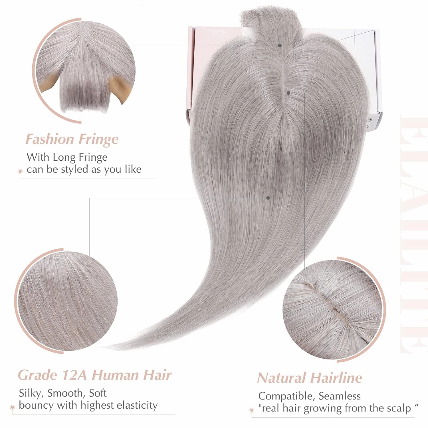 Elailite Hair Toppers for Women Real Human Hair Topper with Bangs Thinning Thin 5.1"x2.8" Silk Base Clip in Remy Hairpieces 8 Inch Gray