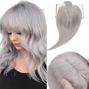 Elailite Hair Toppers for Women Real Human Hair Topper with Bangs Thinning Thin 5.1"x2.8" Silk Base Clip in Remy Hairpieces 8 Inch Gray