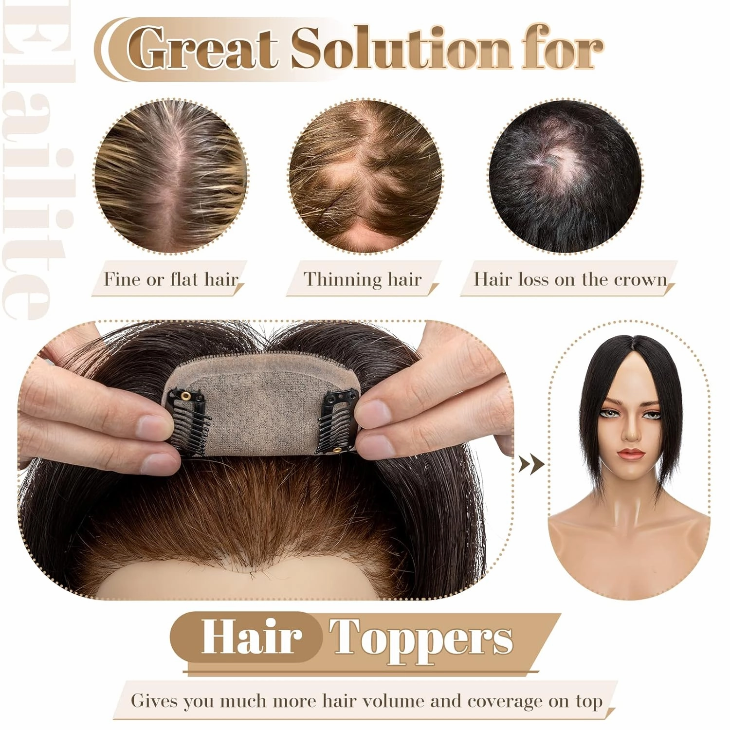 Elailite Women's Real Human Hair Toppers - Clip in Hair Pieces for Thinning, Gray Fine Hair - 8 Inch #2 Dark Brown