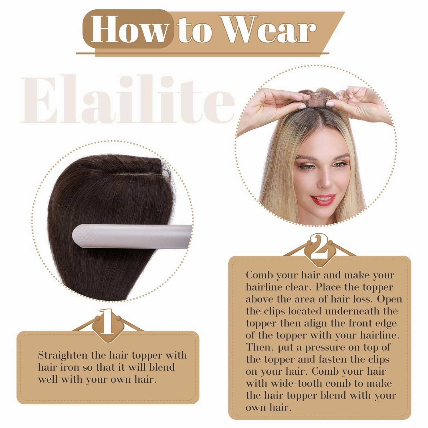 Elailite Women's Real Human Hair Toppers - Clip in Hair Pieces for Thinning, Gray Fine Hair - 8 Inch #2 Dark Brown