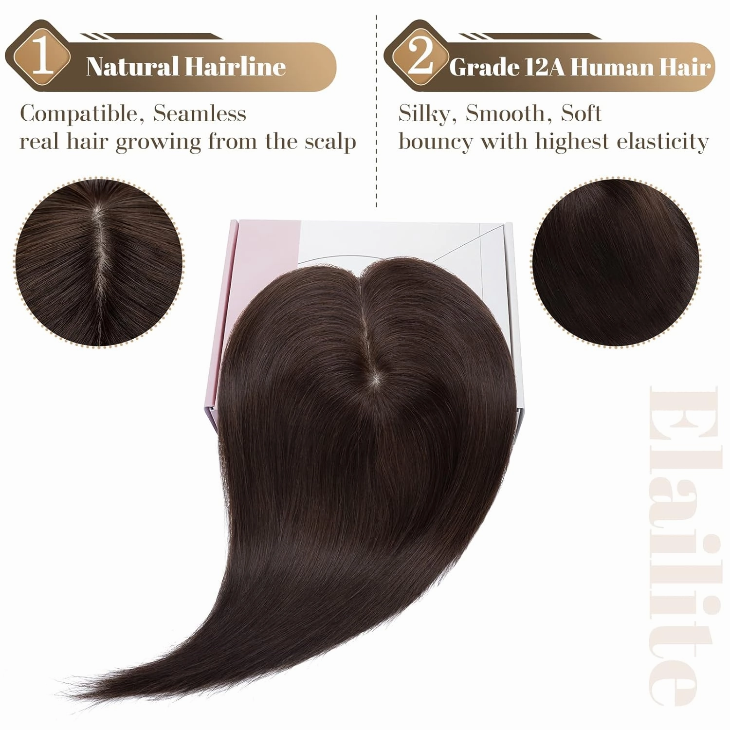 Elailite Women's Real Human Hair Toppers - Clip in Hair Pieces for Thinning, Gray Fine Hair - 8 Inch #2 Dark Brown