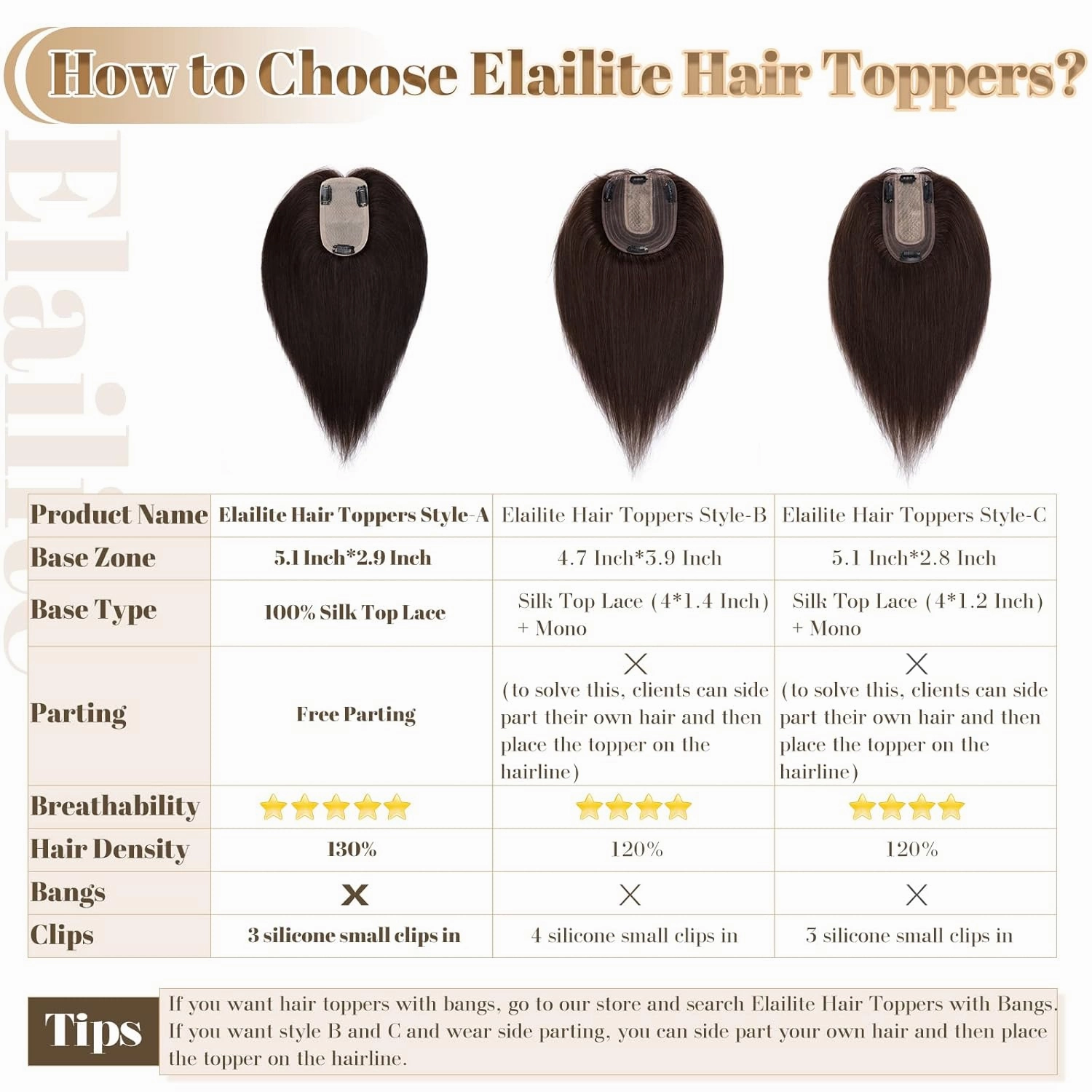 Elailite Women's Real Human Hair Toppers - Clip in Hair Pieces for Thinning, Gray Fine Hair - 8 Inch #2 Dark Brown