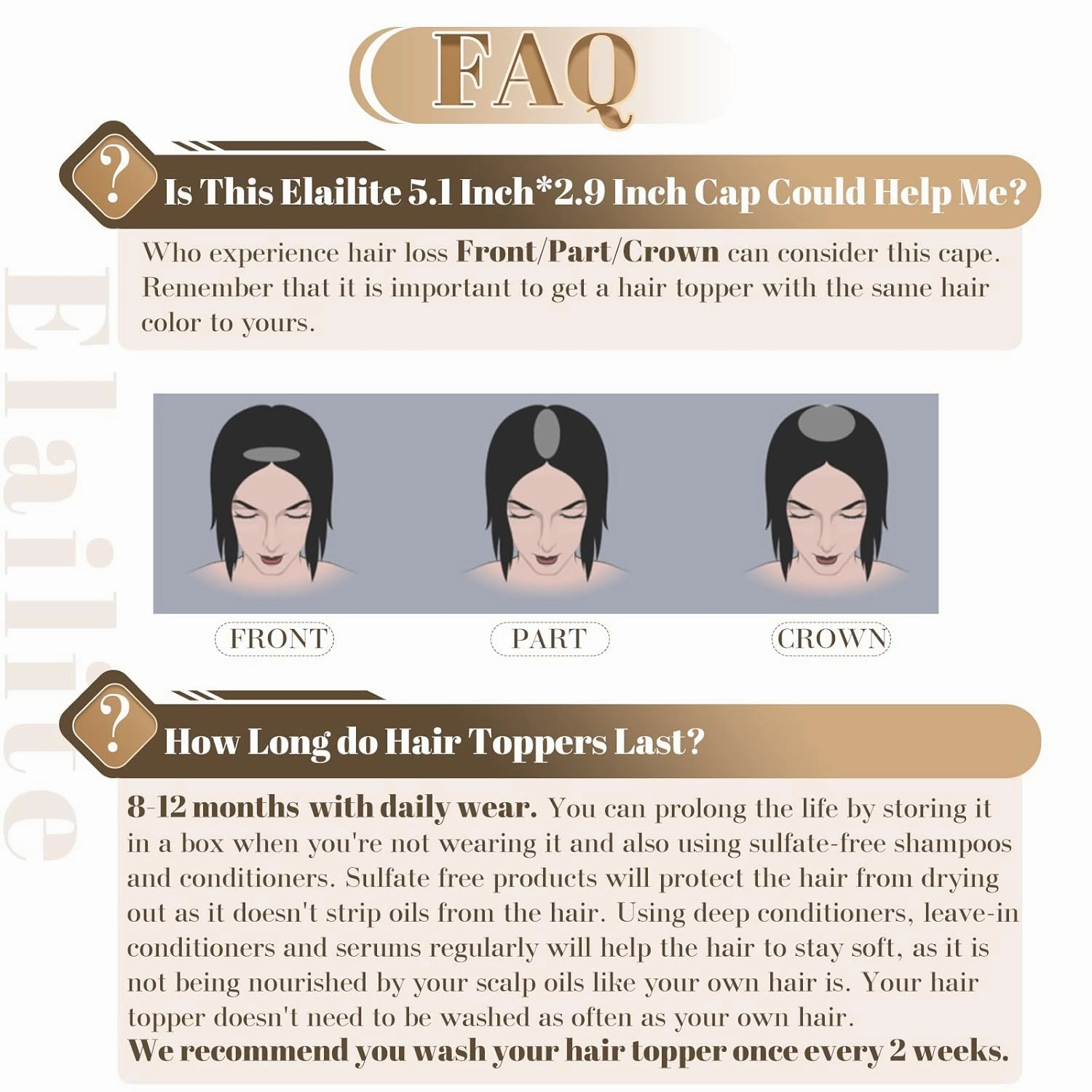 Elailite Women's Real Human Hair Toppers - Clip in Hair Pieces for Thinning, Gray Fine Hair - 8 Inch #2 Dark Brown