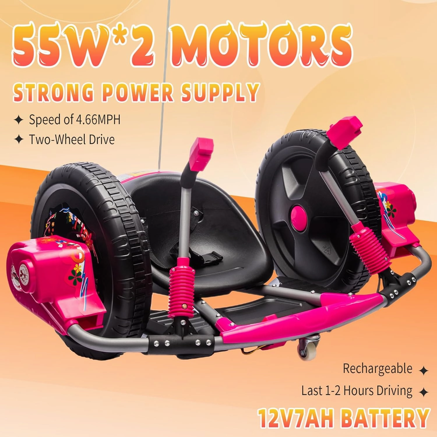 Electric Drift Kart with 16" Large Tyres, 360° Swivel Capability, Dual Lever Steering, 12V Ride On Toys for Boys and Girls from 3 Years Old, Awesome Drift Experience (Pink)