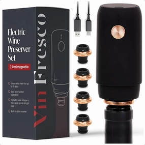 Electric Wine Preserver - Rechargeable Vacuum Saver With Airtight Seal - Automatic Air Remover Pump for 10 Days of Flavor & Freshness - Preservation System (Black & Rose Gold)