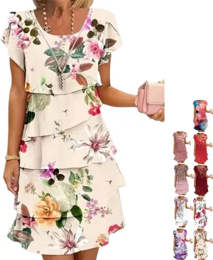 Elegant Multi-Plant Floral Print Cascade Dress - Soft Blend for Summer Weddings & Garden Parties