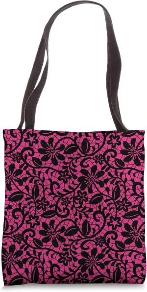 Elegant Pink and Black Floral Lace Gothic Romance Tote Bag