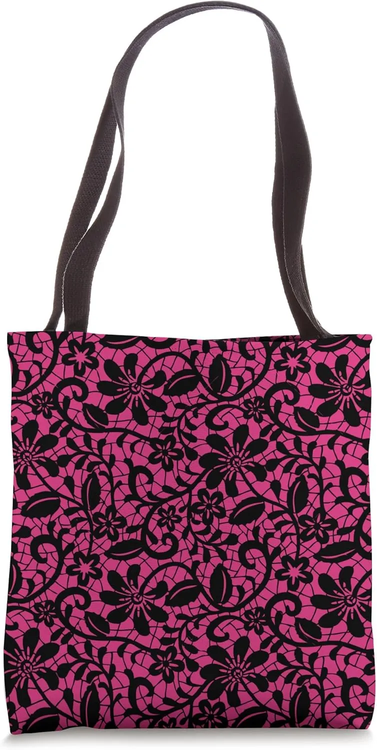 Elegant Pink and Black Floral Lace Gothic Romance Tote Bag