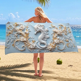 Elegant Seahorses Microfiber Beach Towel Light Blue Floral Design Quick Dry Absorbent Sand Free Soft Lightweight Beach Blanket, Vacation Picnic Essentials 62x31 Inch