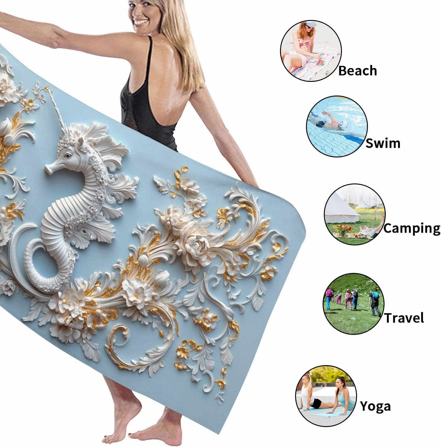 Elegant Seahorses Microfiber Beach Towel Light Blue Floral Design Quick Dry Absorbent Sand Free Soft Lightweight Beach Blanket, Vacation Picnic Essentials 62x31 Inch
