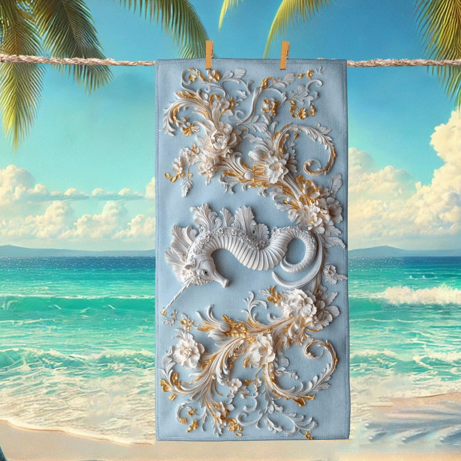 Elegant Seahorses Microfiber Beach Towel Light Blue Floral Design Quick Dry Absorbent Sand Free Soft Lightweight Beach Blanket, Vacation Picnic Essentials 62x31 Inch