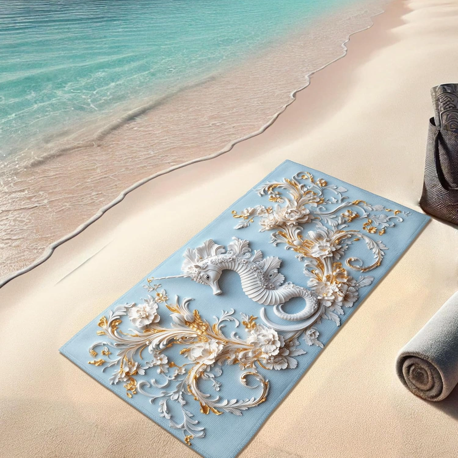 Elegant Seahorses Microfiber Beach Towel Light Blue Floral Design Quick Dry Absorbent Sand Free Soft Lightweight Beach Blanket, Vacation Picnic Essentials 62x31 Inch