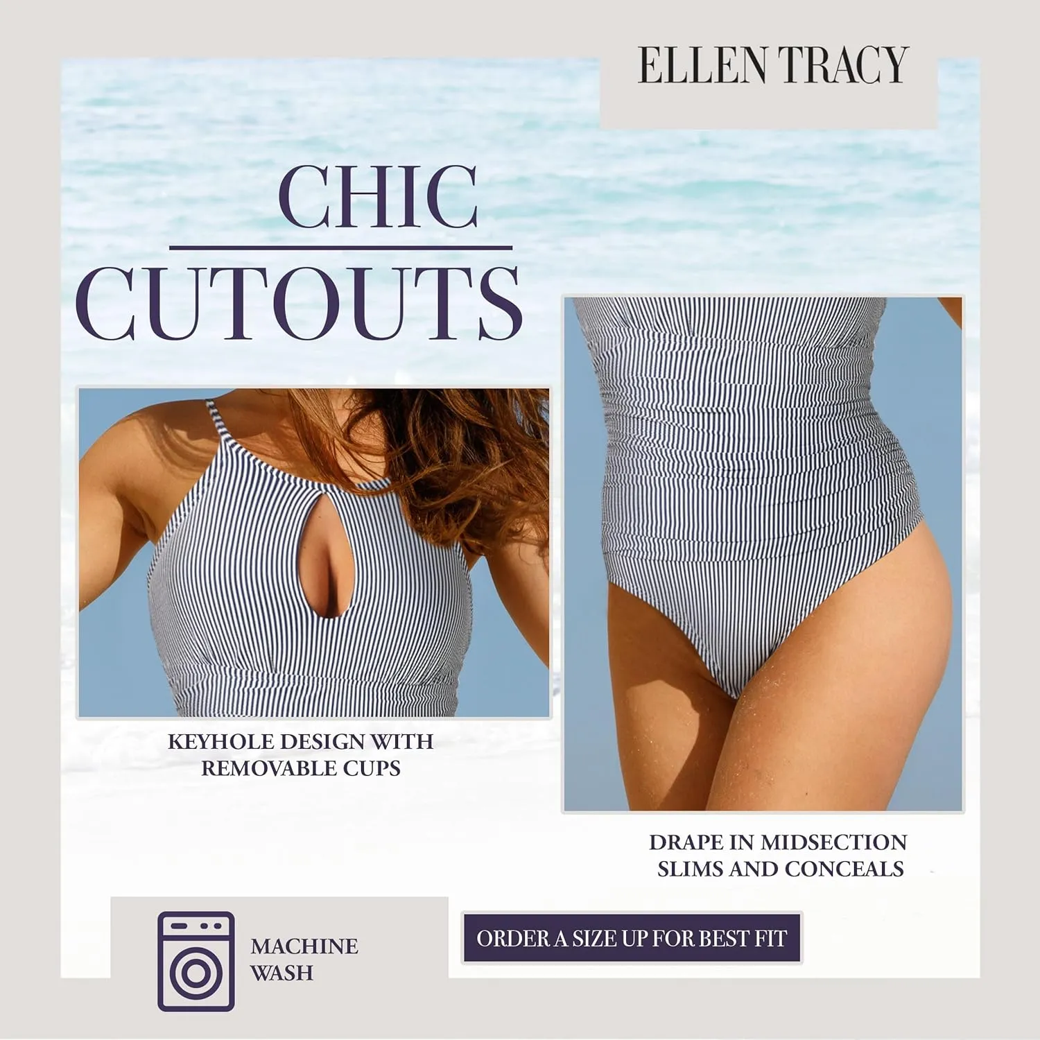 ELLEN TRACY One Piece Swimsuit, High Neck Swimsuit with Keyhole Cutout and Pull On Closure, Over-The-Shoulder Straps