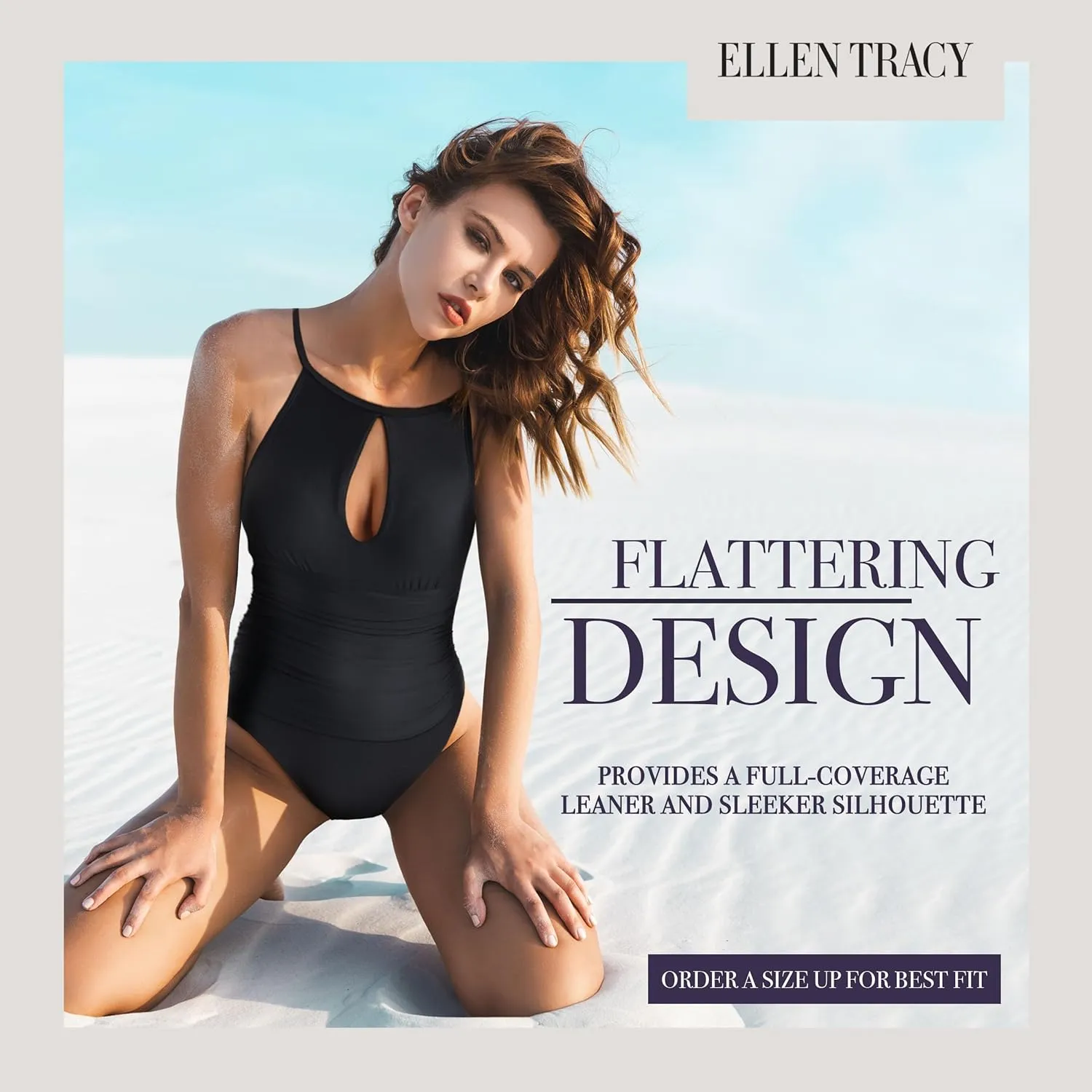 ELLEN TRACY One Piece Swimsuit, High Neck Swimsuit with Keyhole Cutout and Pull On Closure, Over-The-Shoulder Straps