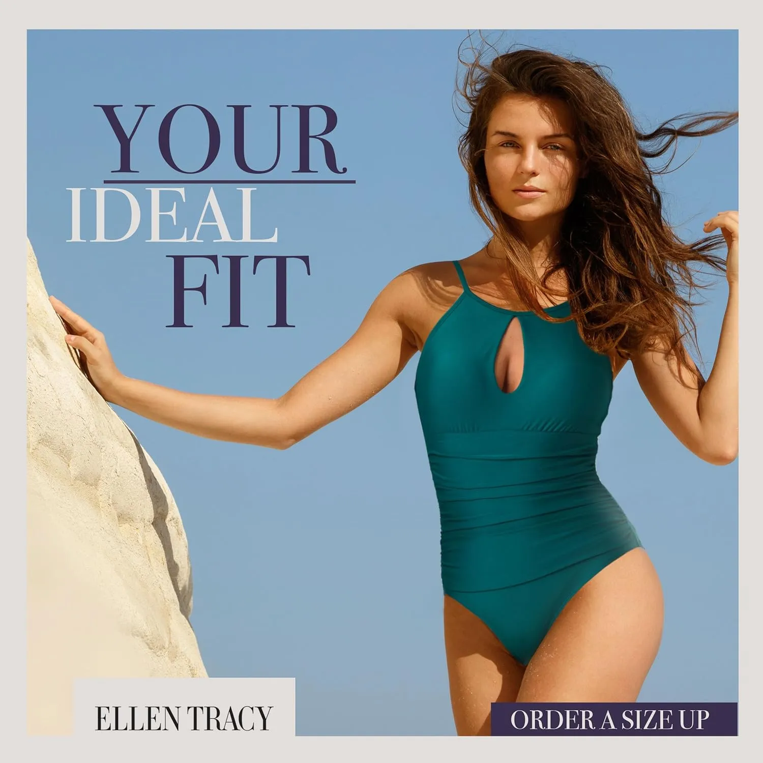 ELLEN TRACY One Piece Swimsuit, High Neck Swimsuit with Keyhole Cutout and Pull On Closure, Over-The-Shoulder Straps