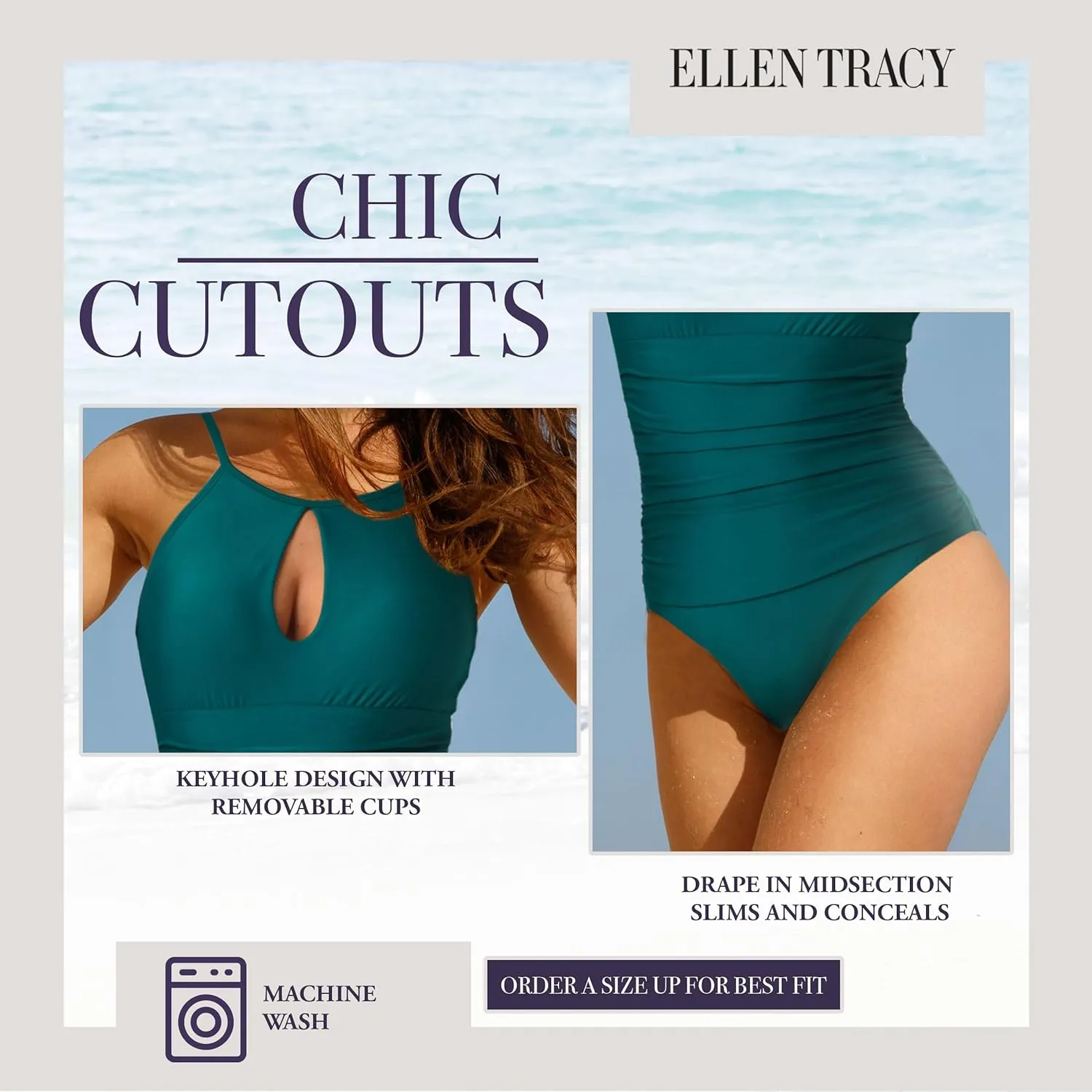 ELLEN TRACY One Piece Swimsuit, High Neck Swimsuit with Keyhole Cutout and Pull On Closure, Over-The-Shoulder Straps