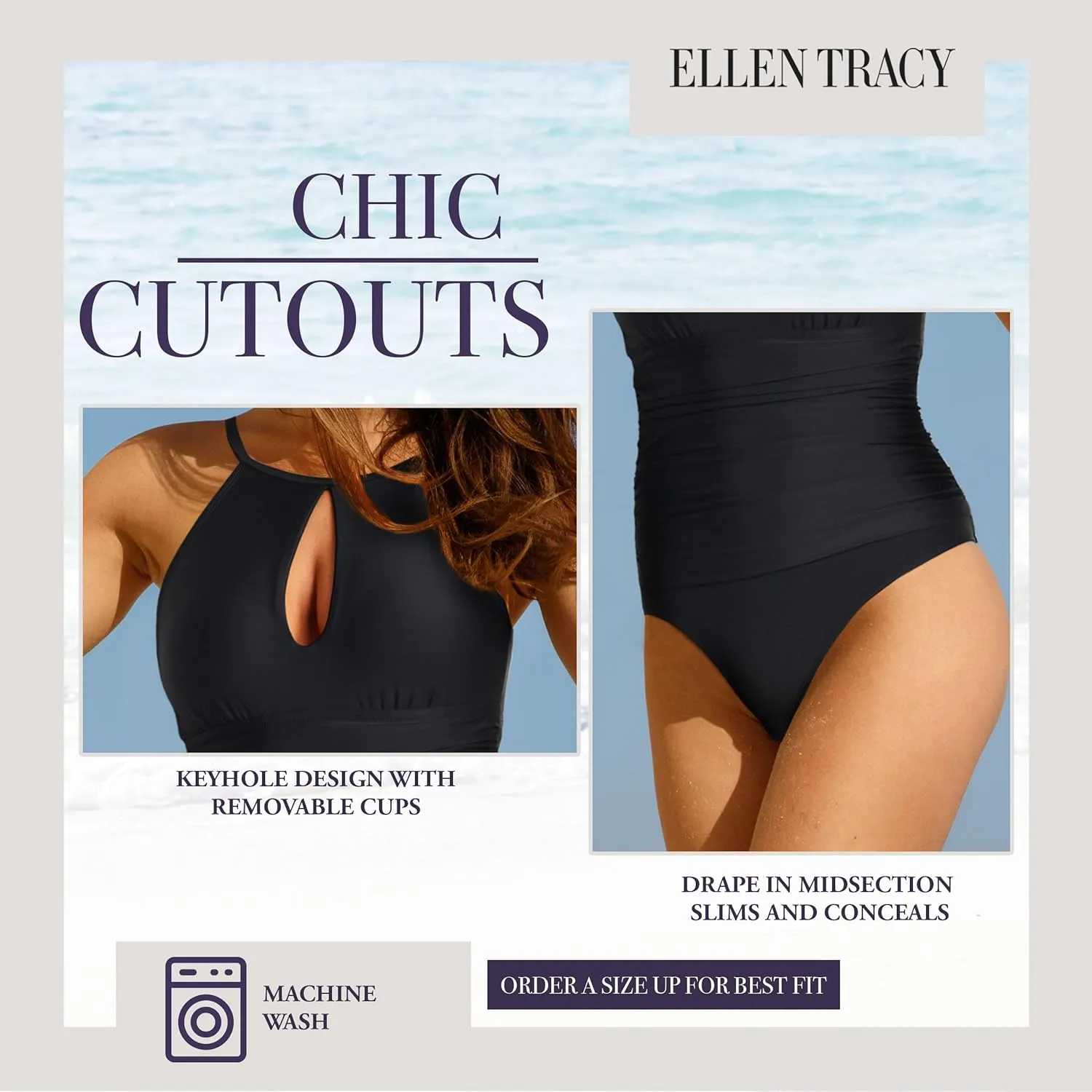ELLEN TRACY One Piece Swimsuit, High Neck Swimsuit with Keyhole Cutout and Pull On Closure, Over-The-Shoulder Straps