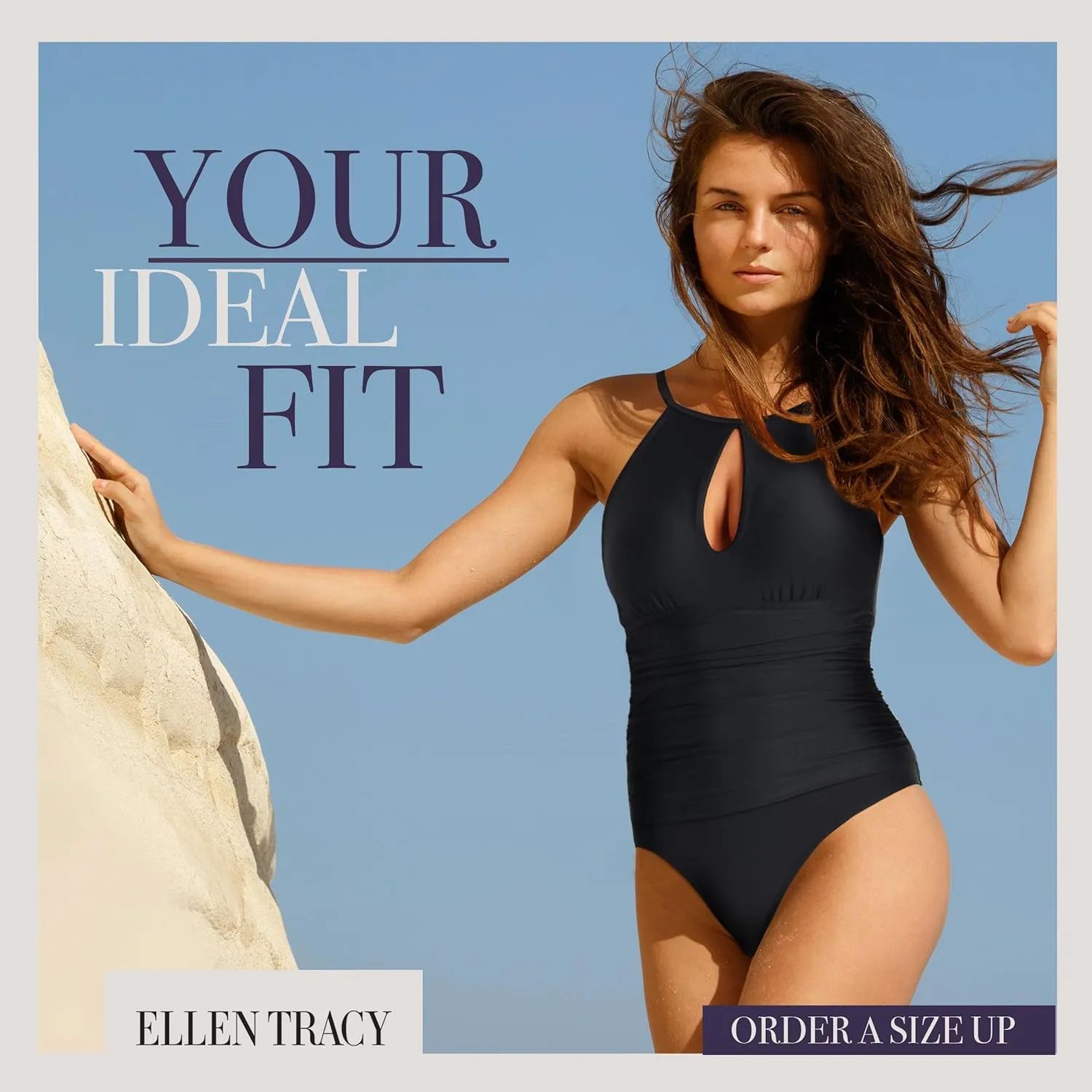 ELLEN TRACY One Piece Swimsuit, High Neck Swimsuit with Keyhole Cutout and Pull On Closure, Over-The-Shoulder Straps