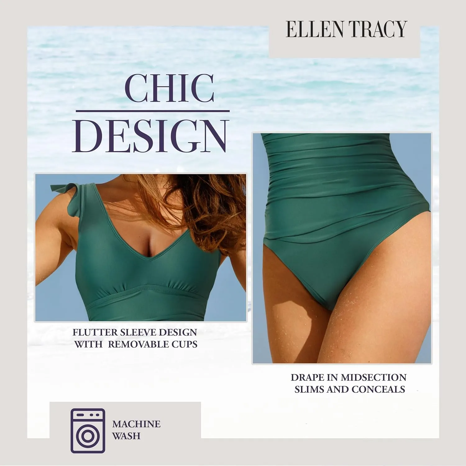 ELLEN TRACY Women's Mio One Piece Swimsuit - BathingSuit for Women with Ruffle Sleeves, Swimsuit for Ladies