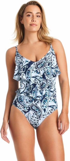 ELLEN TRACY Mio Over The Shoulder Slimming Swimsuit, Double Tier Ruffled One Piece Bathing Suit for Women