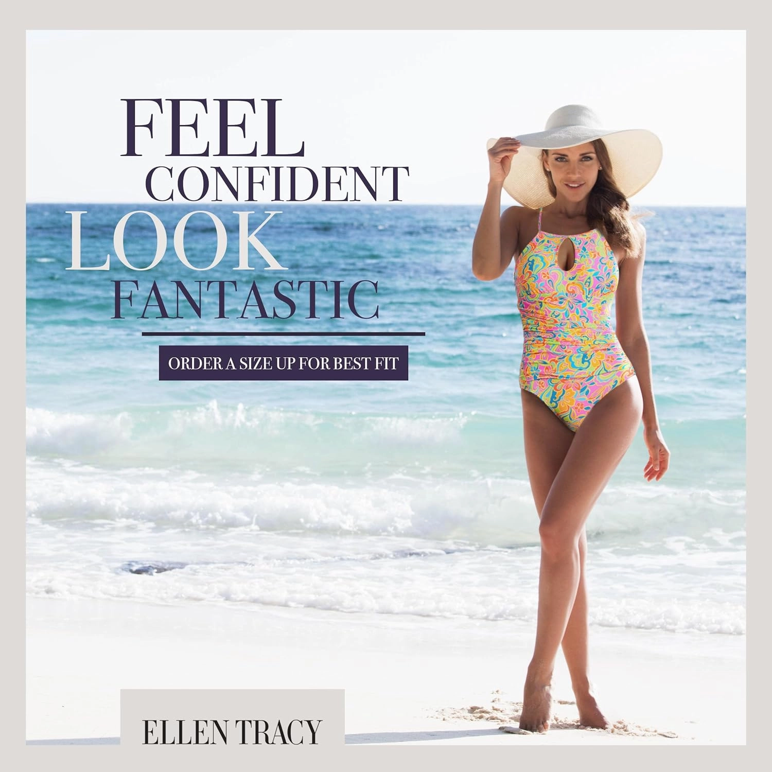 ELLEN TRACY One Piece Swimsuit, High Neck Swimsuit with Keyhole Cutout and Pull On Closure, Over-The-Shoulder Straps