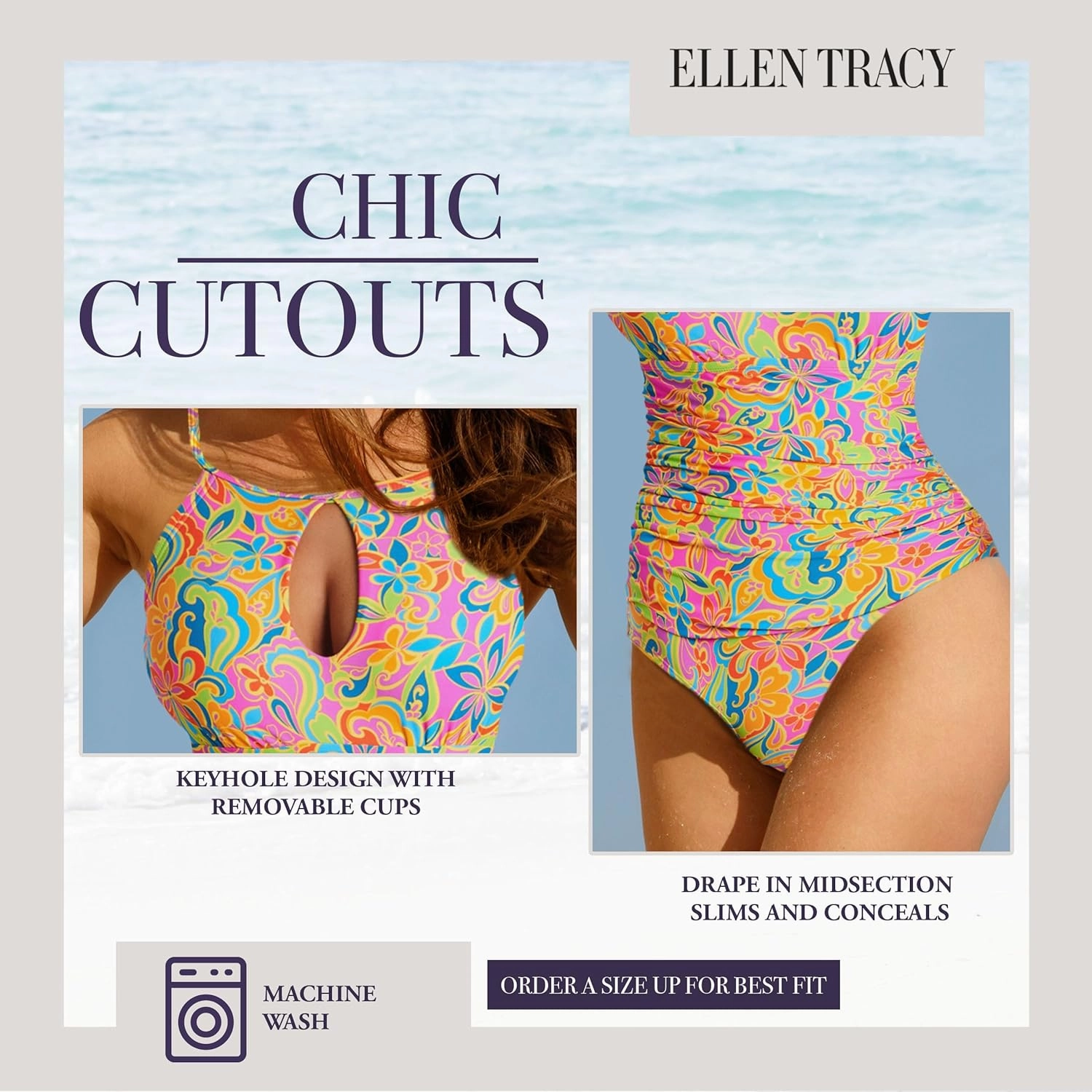 ELLEN TRACY One Piece Swimsuit, High Neck Swimsuit with Keyhole Cutout and Pull On Closure, Over-The-Shoulder Straps