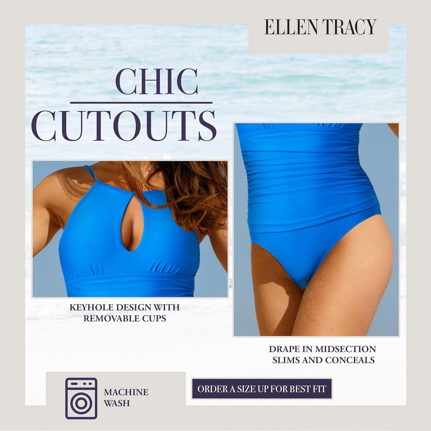 ELLEN TRACY One Piece Swimsuit, High Neck Swimsuit with Keyhole Cutout and Pull On Closure, Over-The-Shoulder Straps
