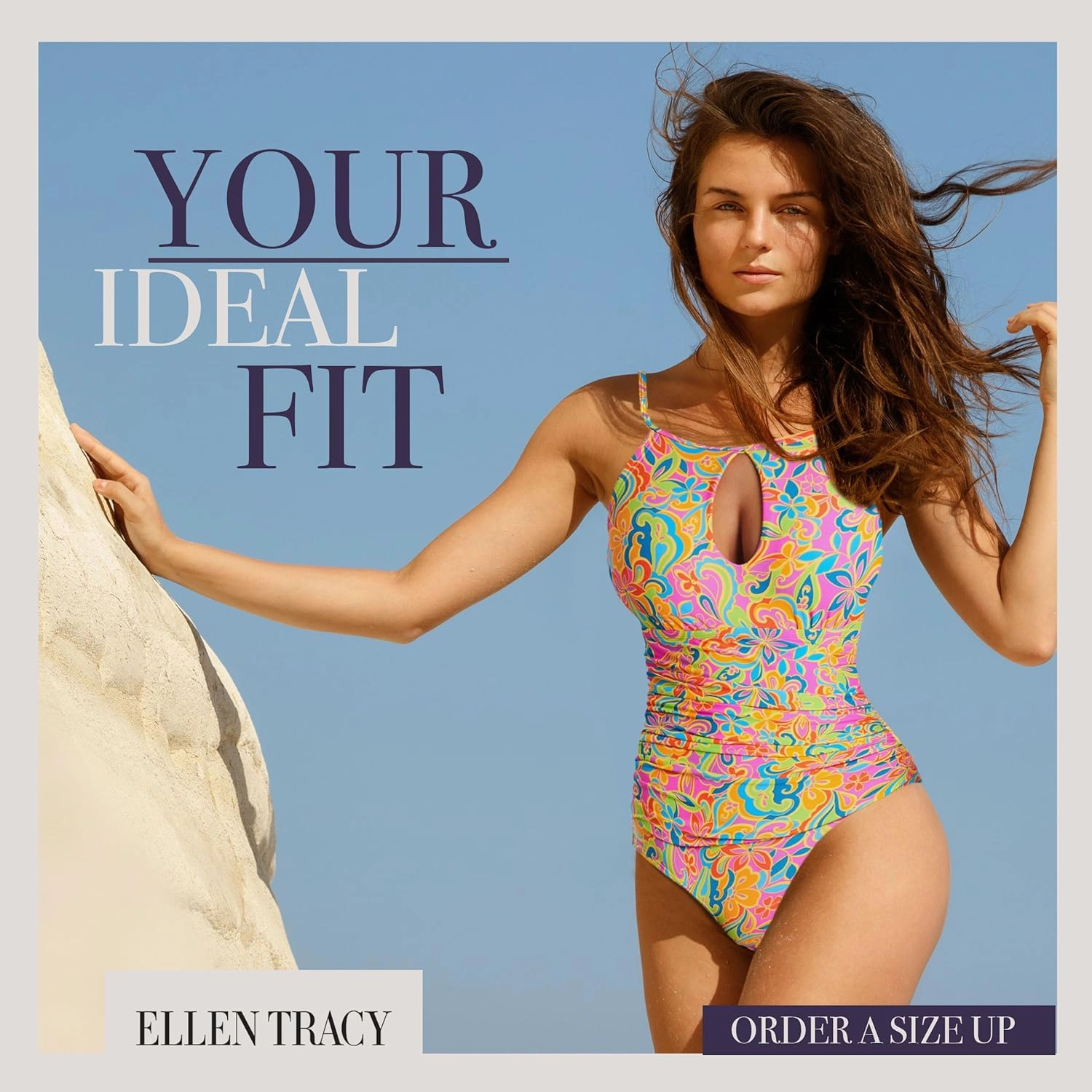 ELLEN TRACY One Piece Swimsuit, High Neck Swimsuit with Keyhole Cutout and Pull On Closure, Over-The-Shoulder Straps