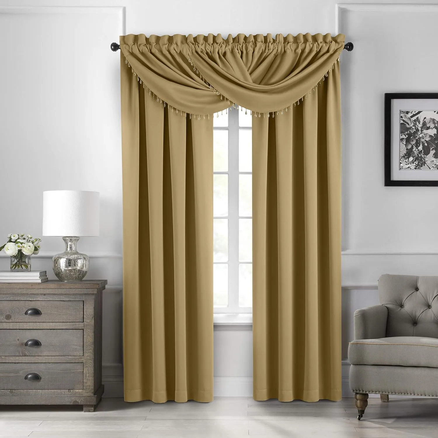 Elrene SunVeil Vanderbilt Beaded Waterfall Valance, 42" x 22", Gold