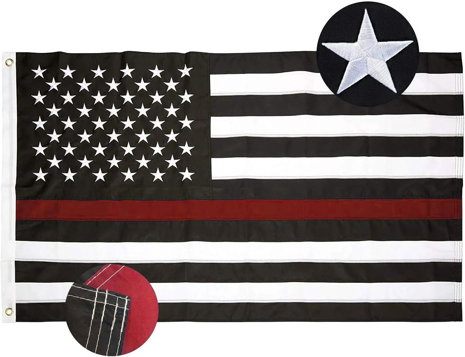 Embroidered Thin Red Line Firefighter Flags- 3x5 ft Outdoor Red Lives Matter USA Honoring Law Enforcement Officers Memorial Fireman Red Stripes Flags Banners with 2 Grommets,Stitched Stripes