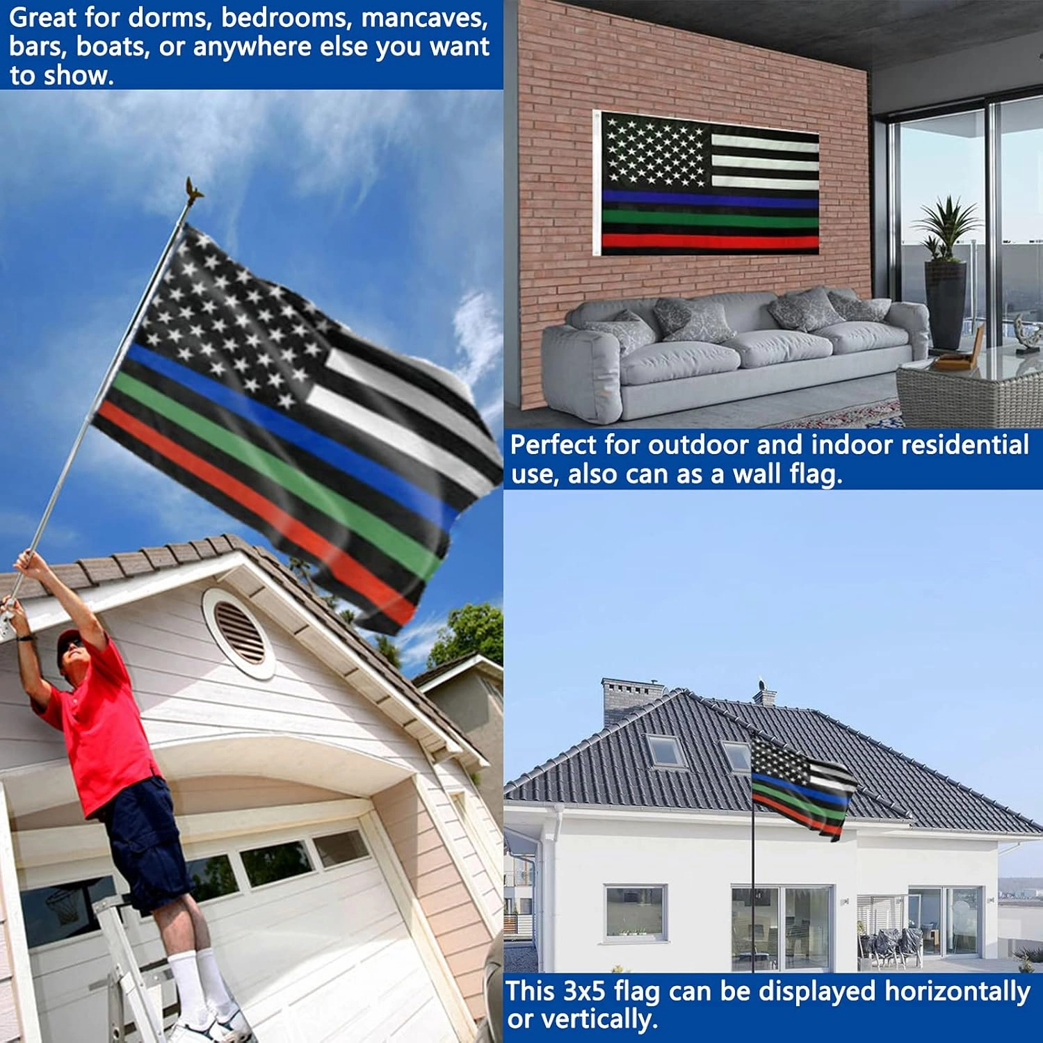 Embroidered Thin Blue Green Red Line Flag- 3x5 Outdoor Heavy Duty 210D Polyester All Lives Matter Police Firefighter Military Flags Banner with 2 Grommets Support Your Police Fireman Army