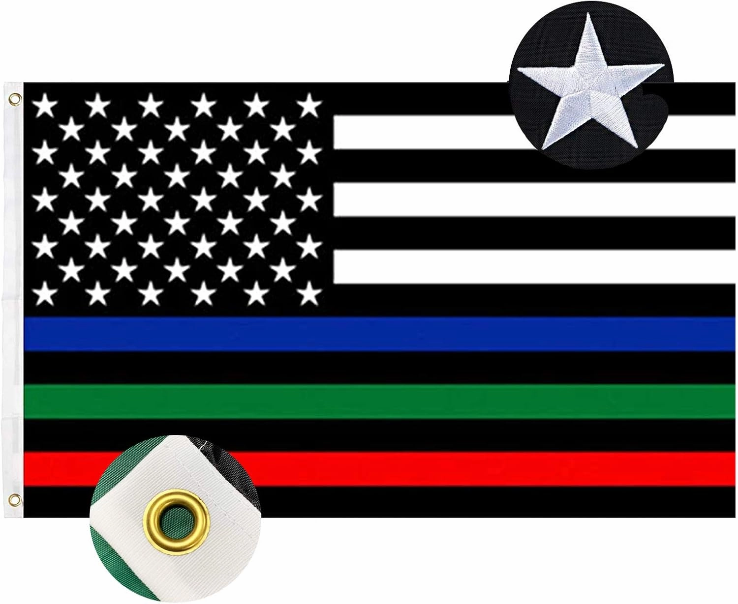 Embroidered Thin Blue Green Red Line Flag- 3x5 Outdoor Heavy Duty 210D Polyester All Lives Matter Police Firefighter Military Flags Banner with 2 Grommets Support Your Police Fireman Army