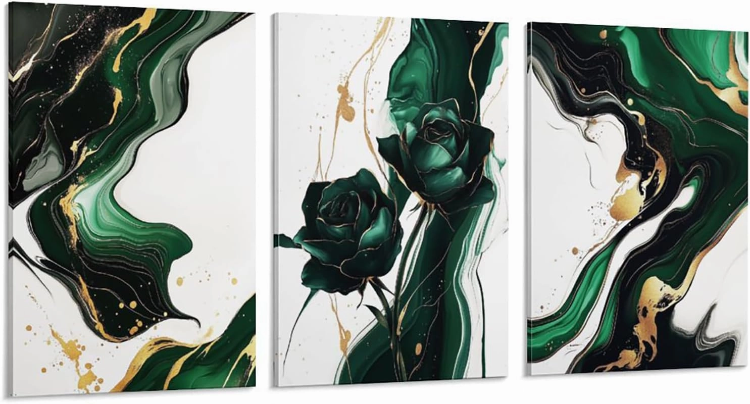 Emerald Wall Art Rose Artwork Modern Green Golden Abstract Marble Wall Art Canvas Paintings Prints Posters for Living Room Bedroom Office Home Decor Ready to Hang 12 * 16 inches 3Pcs Framed