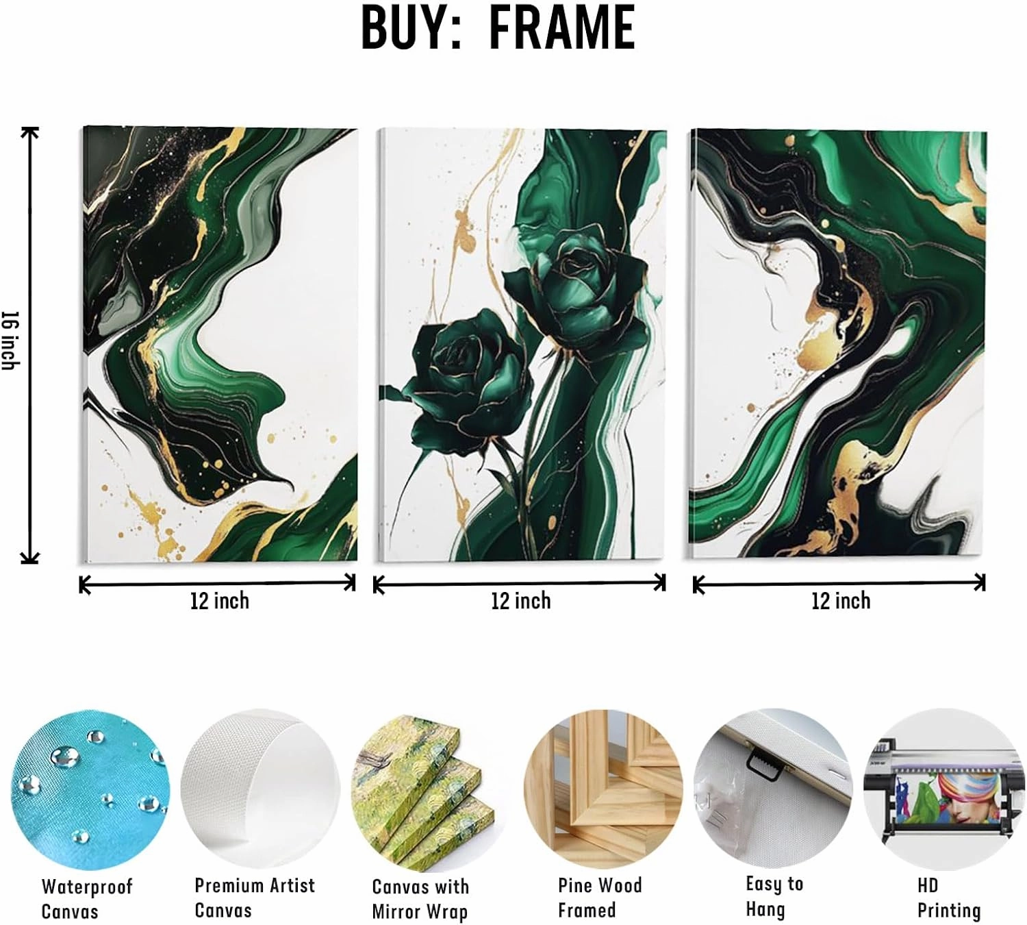 Emerald Wall Art Rose Artwork Modern Green Golden Abstract Marble Wall Art Canvas Paintings Prints Posters for Living Room Bedroom Office Home Decor Ready to Hang 12 * 16 inches 3Pcs Framed