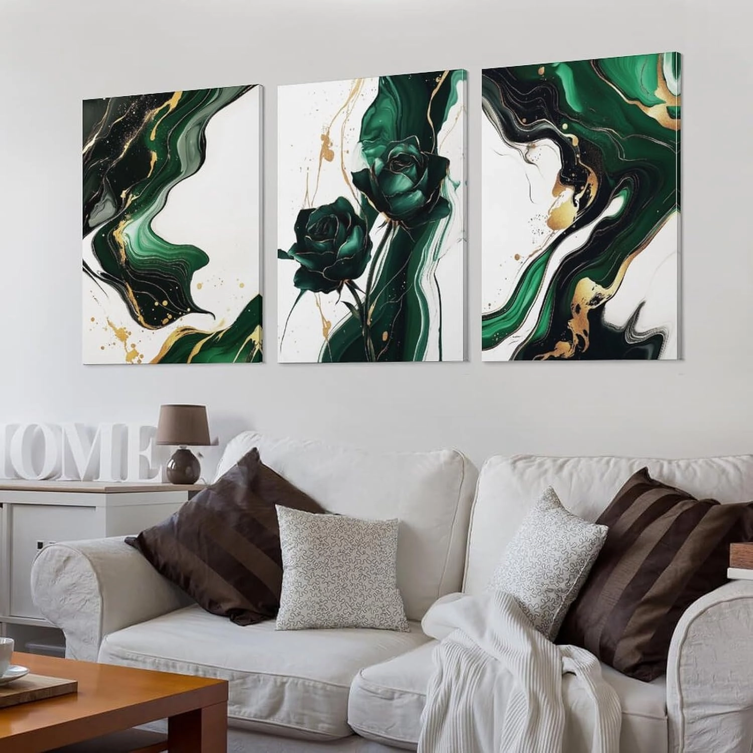 Emerald Wall Art Rose Artwork Modern Green Golden Abstract Marble Wall Art Canvas Paintings Prints Posters for Living Room Bedroom Office Home Decor Ready to Hang 12 * 16 inches 3Pcs Framed