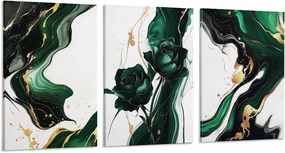 Emerald Wall Art Rose Artwork Modern Green Golden Abstract Marble Wall Art Canvas Paintings Prints Posters for Living Room Bedroom Office Home Decor Ready to Hang 12 * 16 inches 3Pcs Framed