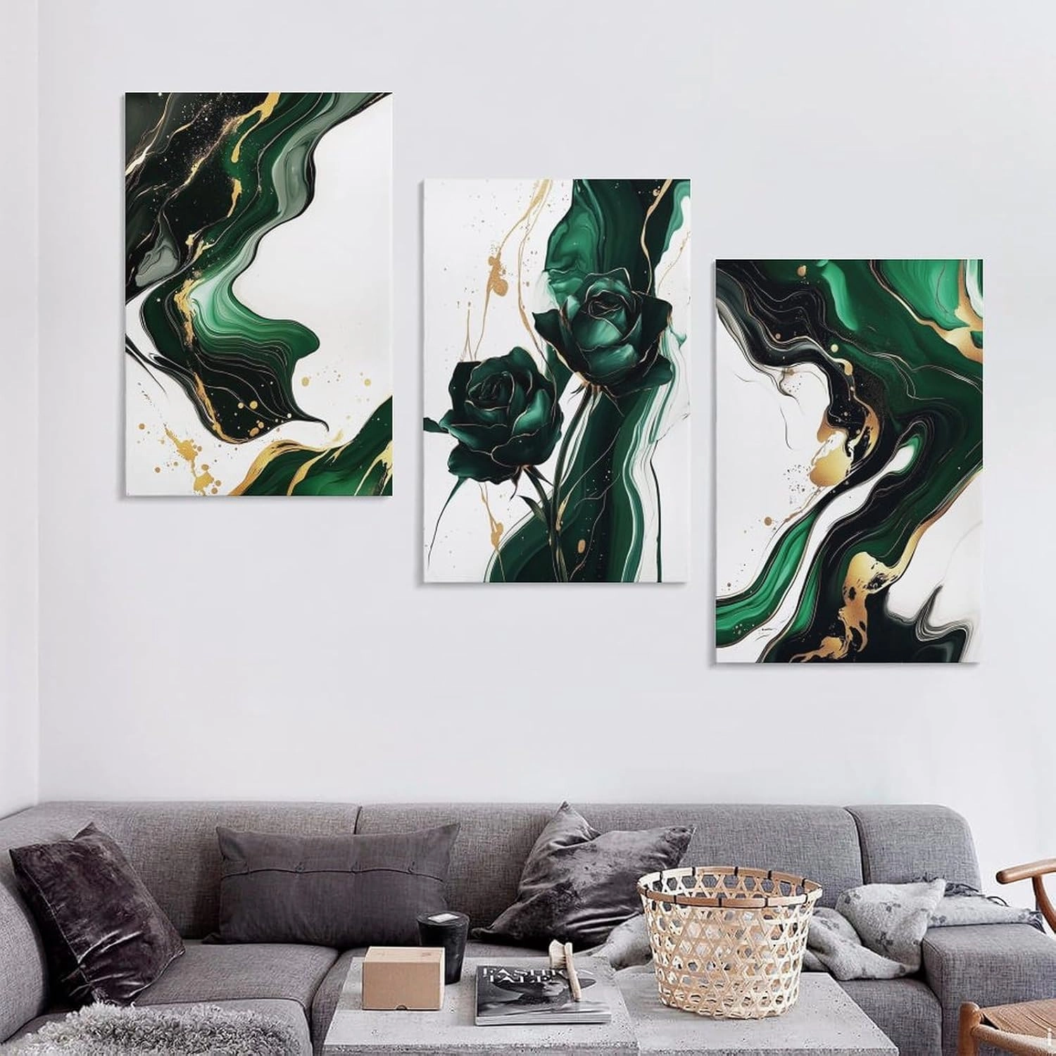 Emerald Wall Art Rose Artwork Modern Green Golden Abstract Marble Wall Art Canvas Paintings Prints Posters for Living Room Bedroom Office Home Decor Ready to Hang 12 * 16 inches 3Pcs Framed