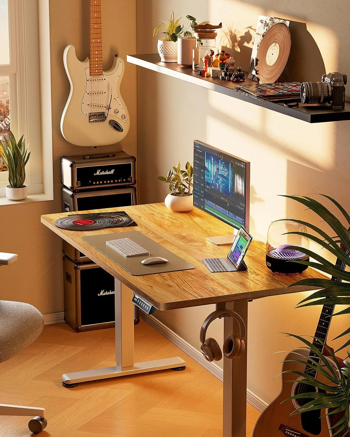 ErGear Height Adjustable Electric Standing Desk, 55 x 28 Inches Sit Stand up Desk, Large Memory Computer Home Office Desk with Two-Piece Desktop (Light Vintage Brown)