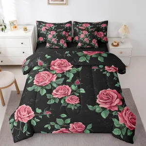 Erosebridal 7-Piece Pink Rose Floral Bedding Queen Size for Girls Women Botanical Flower Bed in a Bag, Chic Blossoms Comforter Set Black Pink Green Bedding Comforter Sets