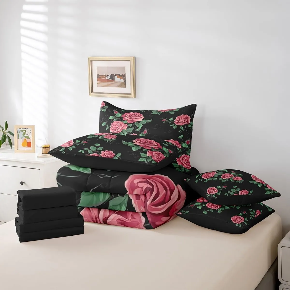 Erosebridal 7-Piece Pink Rose Floral Bedding Queen Size for Girls Women Botanical Flower Bed in a Bag, Chic Blossoms Comforter Set Black Pink Green Bedding Comforter Sets