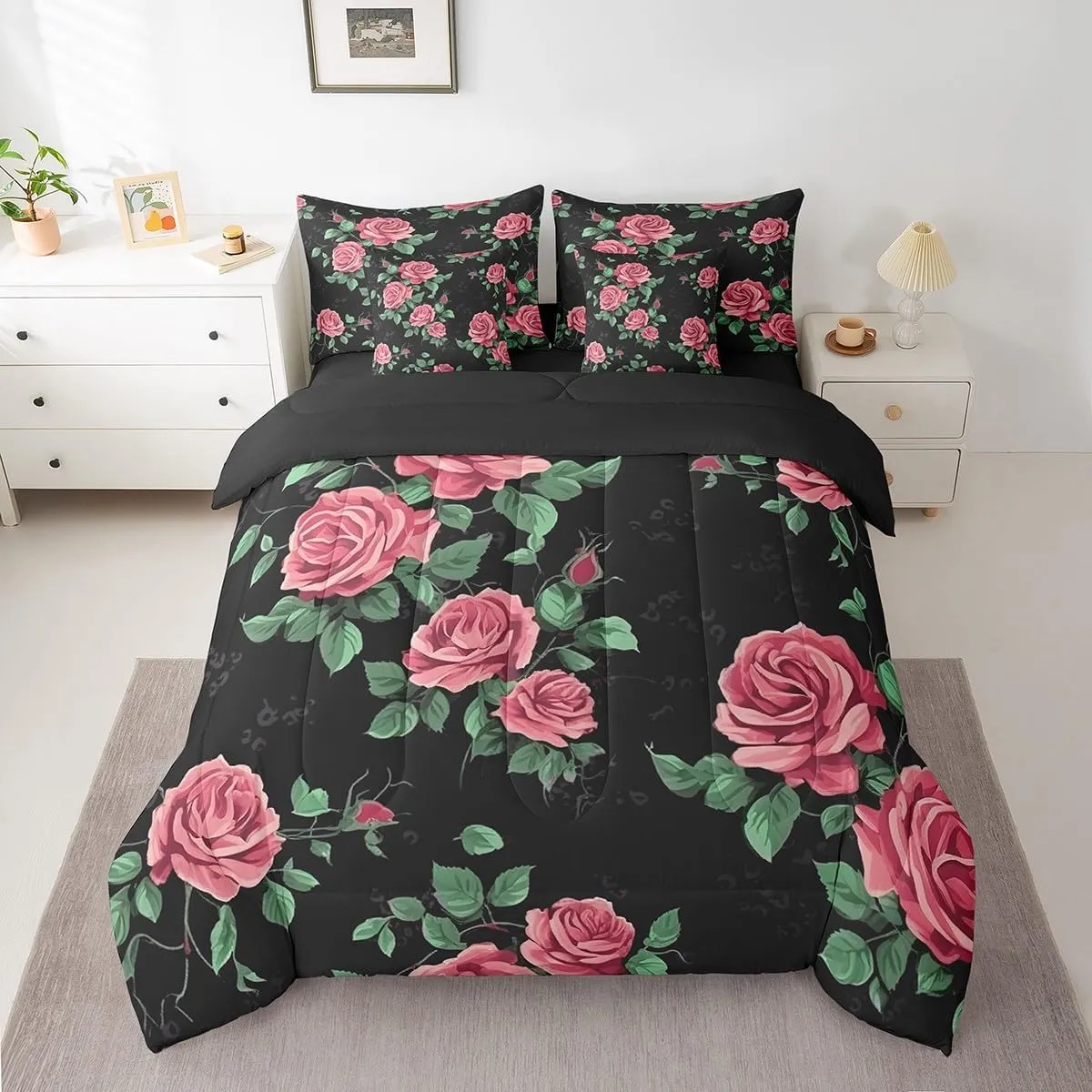 Erosebridal 7-Piece Pink Rose Floral Bedding Queen Size for Girls Women Botanical Flower Bed in a Bag, Chic Blossoms Comforter Set Black Pink Green Bedding Comforter Sets