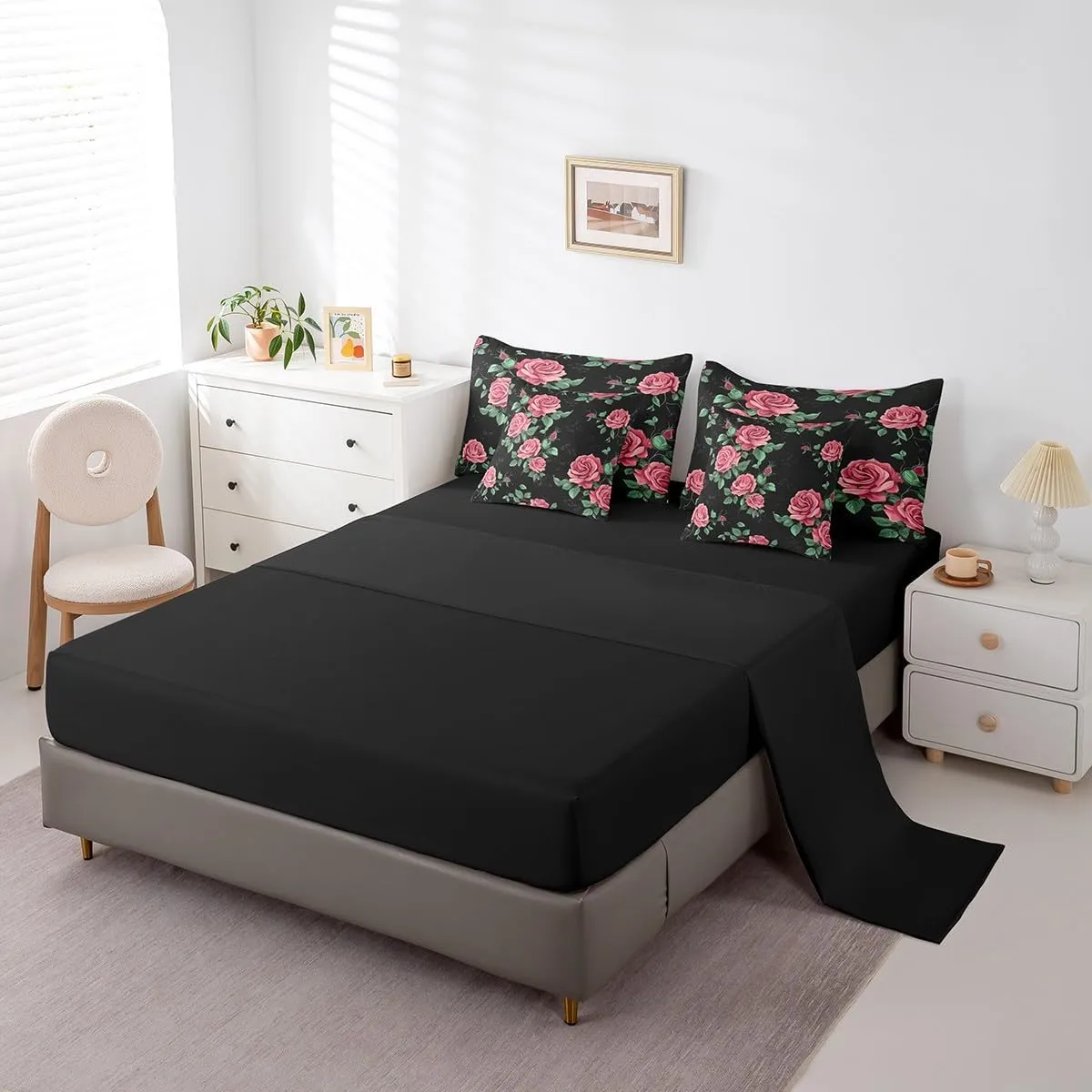 Erosebridal 7-Piece Pink Rose Floral Bedding Queen Size for Girls Women Botanical Flower Bed in a Bag, Chic Blossoms Comforter Set Black Pink Green Bedding Comforter Sets